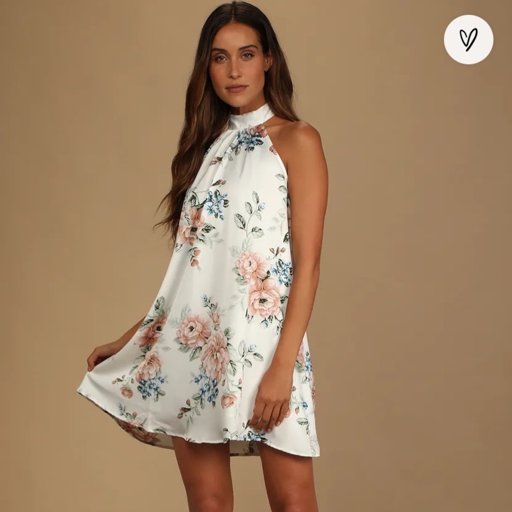 Get a Bloom White Floral Print Satin Halter Mini Dress
Lulus (wore once)